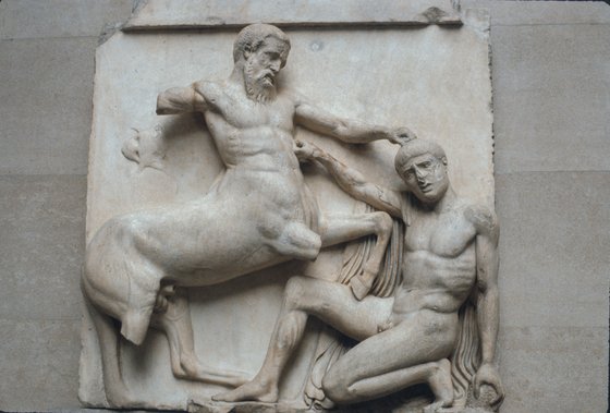 Lapith Fighting a Centaur; Metope XXVII; South Side Metope of the Parthenon; South Doric Frieze; A Fight Between a human Lapith aand a Centaur; Marle Metrope from the Parthenon