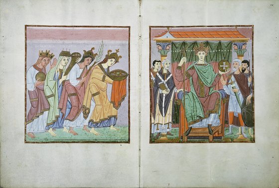 Otto III Receiving the Homage of the Four Part of the Empire and Otto II Between Church and State, from the Gospel Book of Otto III, Staatsbibliothek, Munich