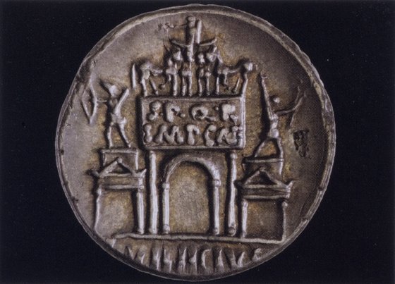 Parthian Arch of Augustus, Rome, represented on the reverse of a denarius of Augustus