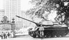 A tank stands in front of the Ministry of War in Rio de Janeiro during the military conspiracy of 1963. The army was put on alert on October 2 and moved into strategic locations throughout the city the following day. (courtesy AP)